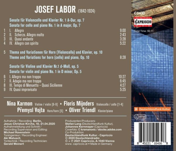 Josef Labor: Violin Sonata Op. 5, Cello Sonata Op. 7 - Nina Karmon