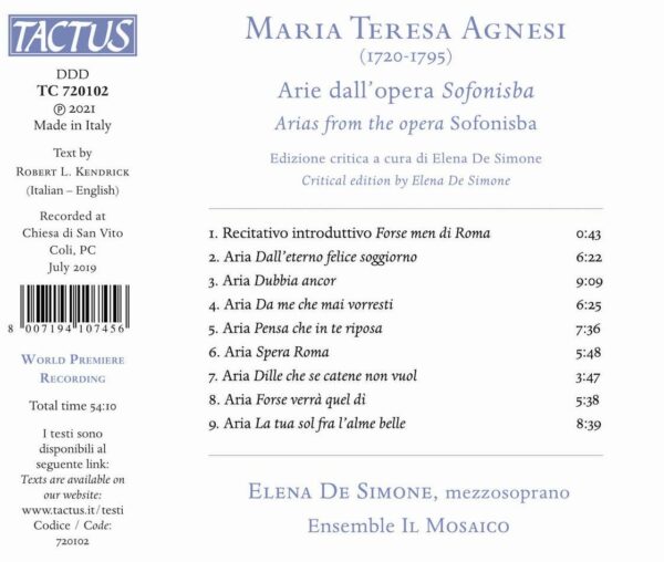Maria Teresa Agnesi: Arie Dall'Opera 'Sofonisba' - Elena de Simone