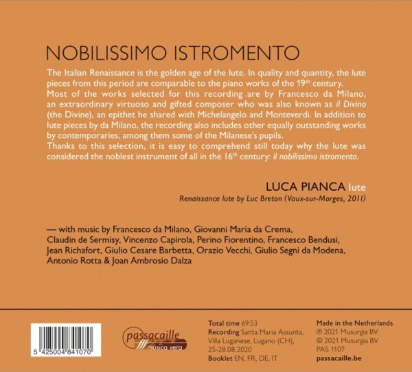Nobilissimo Istromento: Virtuoso Lute Music Of The Italian Renaissance - Luca Pianca