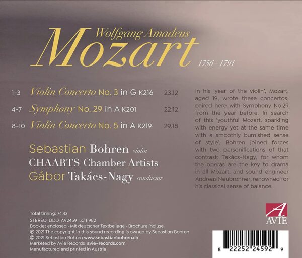 Mozart: Violin Concerto No. 3 & No. 5 - Sebastian Bohren