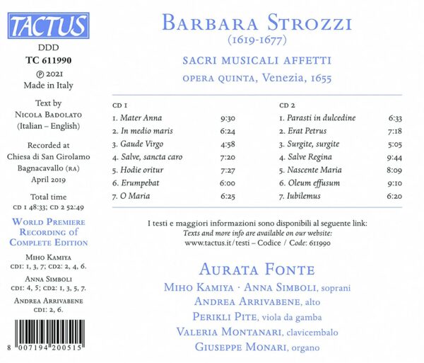 Barbara Strozzi: Sacri Musicali Affetti, Opera Quinta - Aurata Fonte