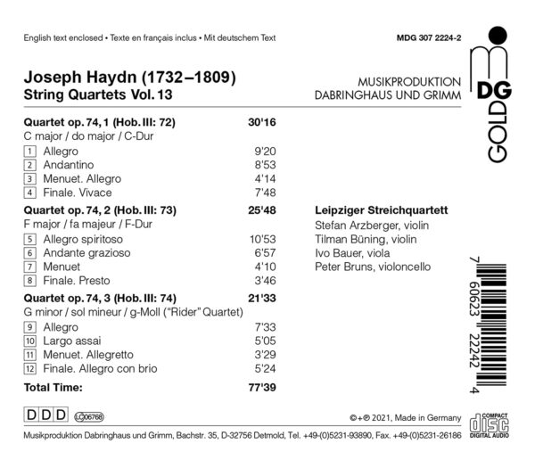 Franz Joseph Haydn: String Quartets Vol. 13, Op.74 Nos.1-3 - Leipziger Streichquartett