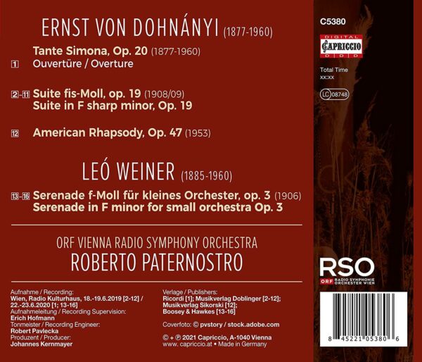 Ernst Von Dohnanyi: Tante Simona, American Rhapsody, Suite Op.19 - Roberto Paternostro
