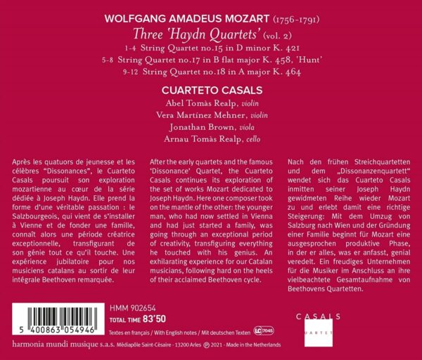 Mozart: String Quartets Dedicated To Haydn, K421, 458 'Hunt' & 464 - Cuarteto Casals