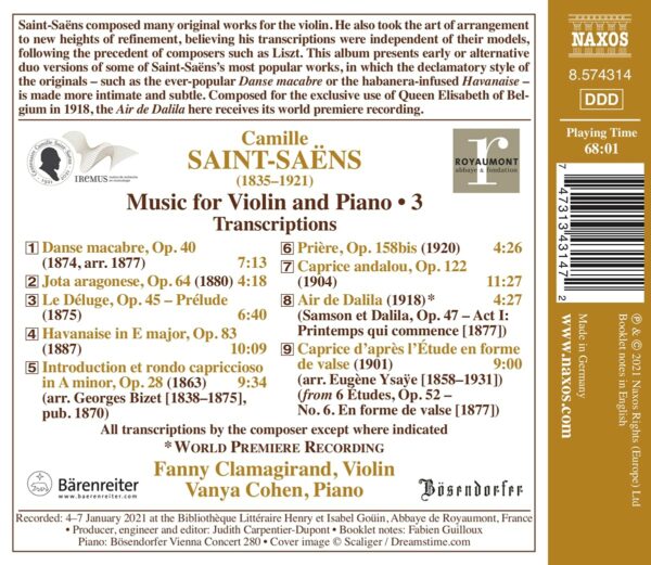 Saint-Saëns: Music For Violin & Piano Vol.3, Transcriptions - Fanny Clamagirand & Vanya Cohen
