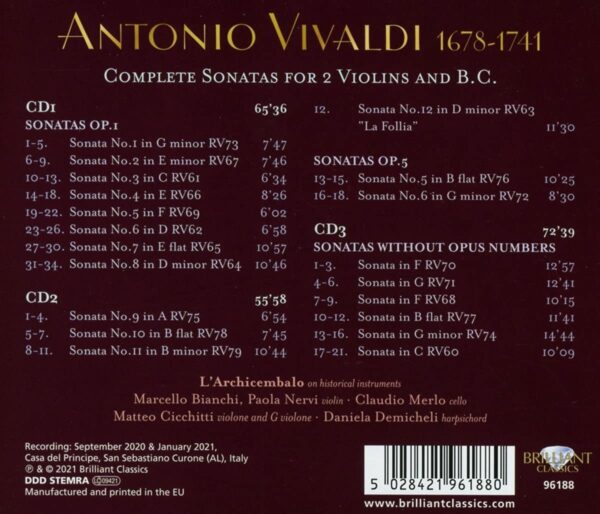 Vivaldi: Complete Sonatas For 2 Violins And B.C. - L'Archicembalo
