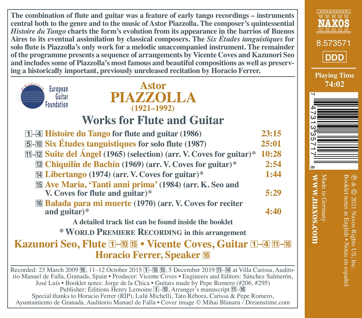 Astor Piazzolla: Histoire Du Tango, Works For Flute And Guitar - Kazunori Seo & Vicente Coves