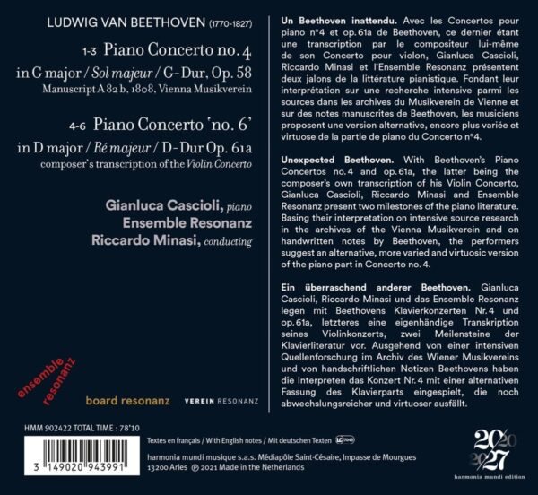 Beethoven: Piano Concertos Nos. 4 & 6 - Gianluca Cascioli, Riccardo Minasi