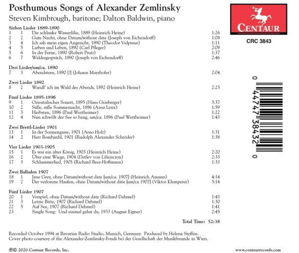 Posthumous Songs Of Alexander Zemlinsky - Steven Kimbrough