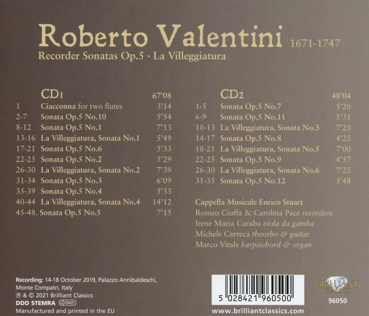 Valentini: Recorder Sonatas Op.5, La Villeggiature - Cappella Musicale Enrico Stuart
