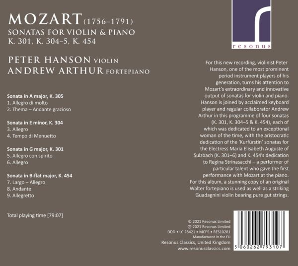 Mozart: Sonatas For Violin & Piano KV 601, 304, 305 & 454 - Peter Hanson
