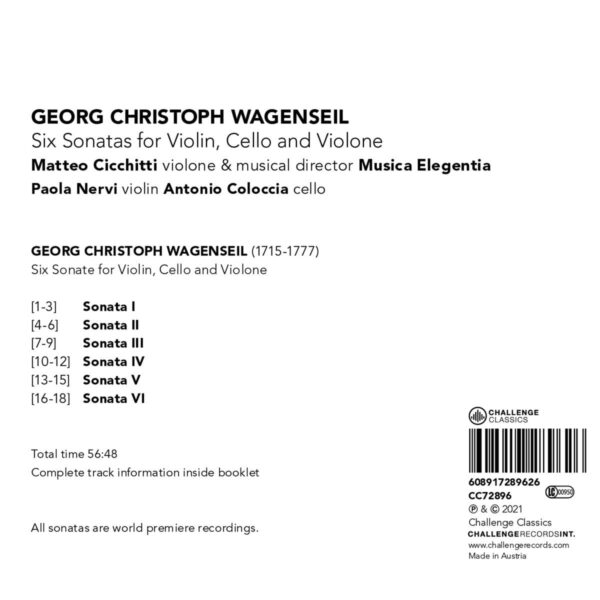 Wagenseil: Six Sonatas For Violin,  Cello And Violone - Musica Elegentia