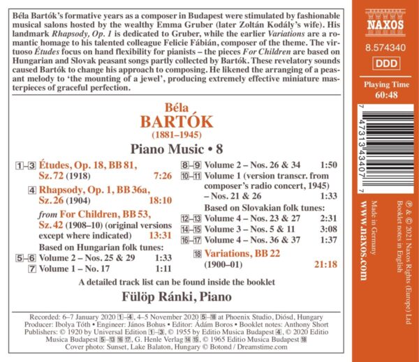 Bela Bartok: Rhapsody, Variations For Children, Etudes - Fulop Rank