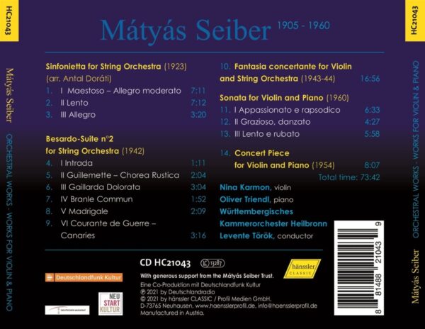 Matyas Seiber: Orchestral Works And Works For Violin & Piano - Oliver Triendl