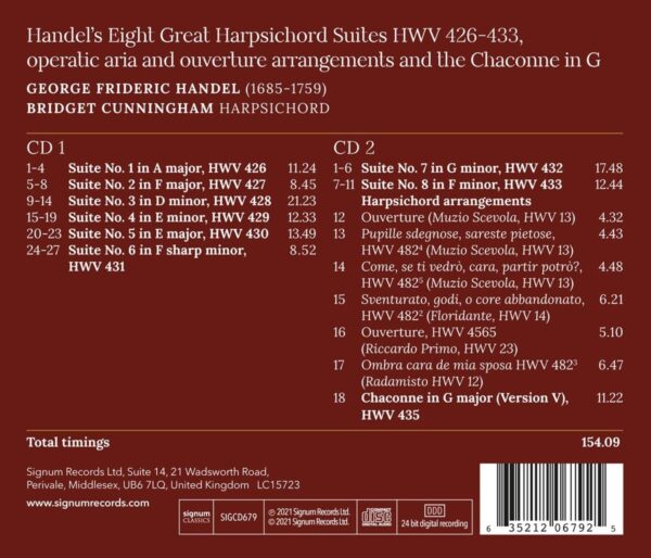 Handel's 8 Great Harpsichord Suites - Bridget Cunningham