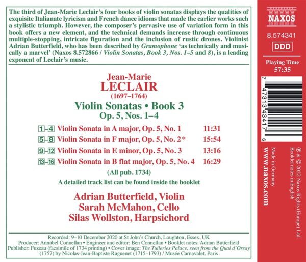Leclair: Violin Sonatas, Book 3, Op. 5, Nos. 1-4 - Adrian Butterfield