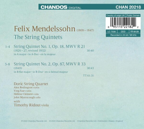 Mendelssohn: The String Quintets - Doric String Quartet