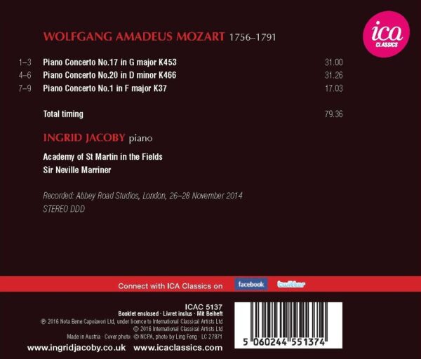 Mozart: Piano Concertos Nos. 1,  17 & 20 - Ingrid Jacoby