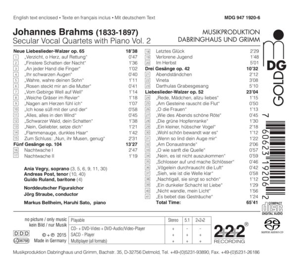 Brahms: Vocal Quartets With Piano Vol.2 - Norddeutscher Figuralchor