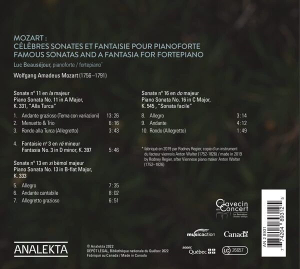 Mozart: Famous Sonatas & Fantasia For Fortepiano - Luc Beausejour