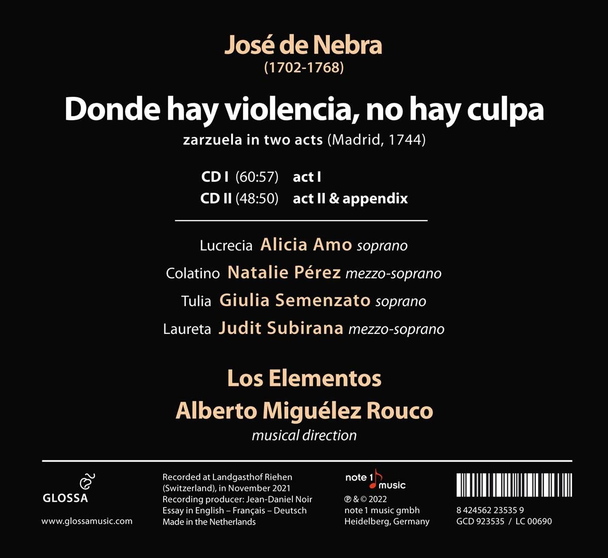 Jose De Nebra: Donde Hay Violencia, No Hay Culpa (Zarzuela) - Los ...