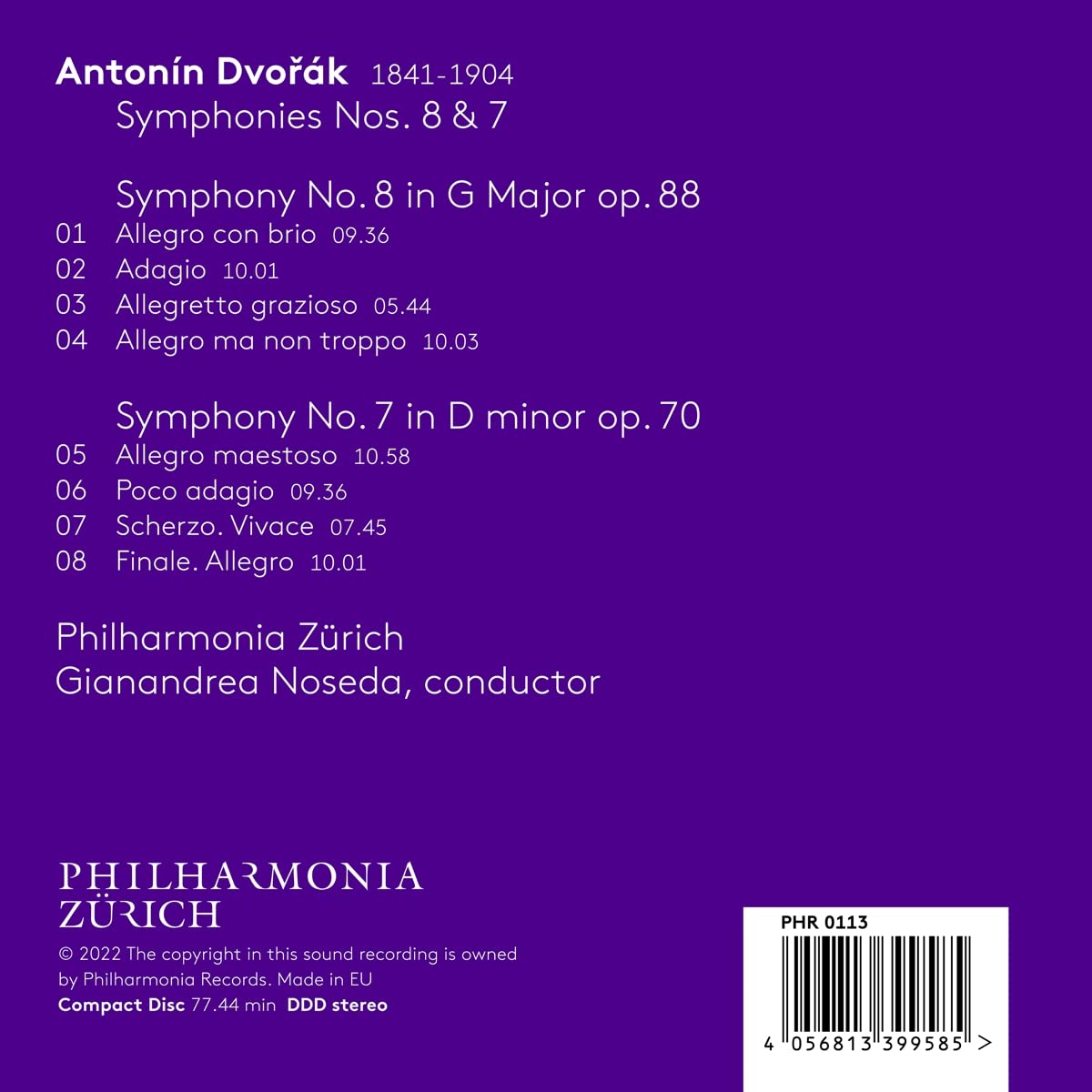 Dvorak: Symphonies Nos. 8 & 7 - Philharmonia Zürich - Afbeelding 2