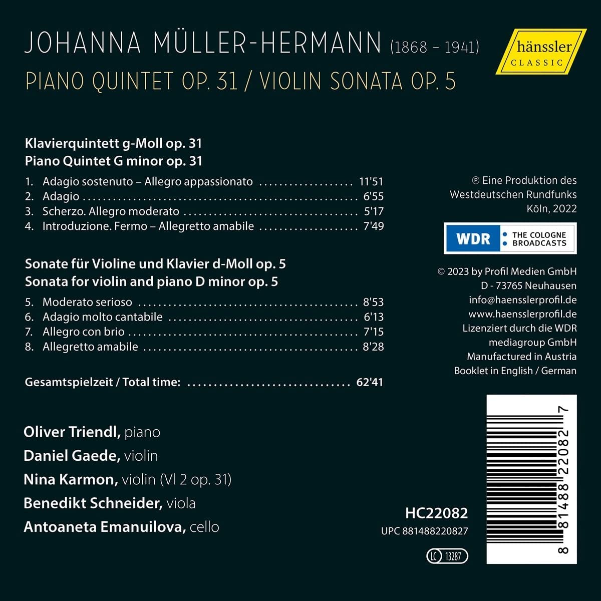 Johanna Muller-Hermann: Piano Quintet Op.31, Violin Sonata Op.5 ...