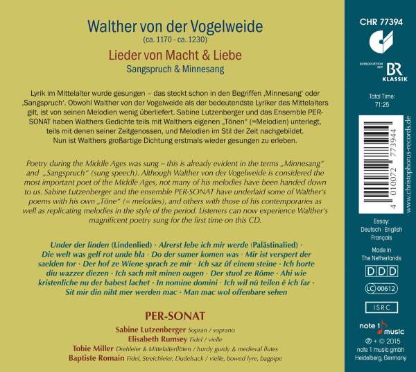 Walther Von Der Vogelweide: Sangspruch & Minnesang - Per-Sonat – Image 2