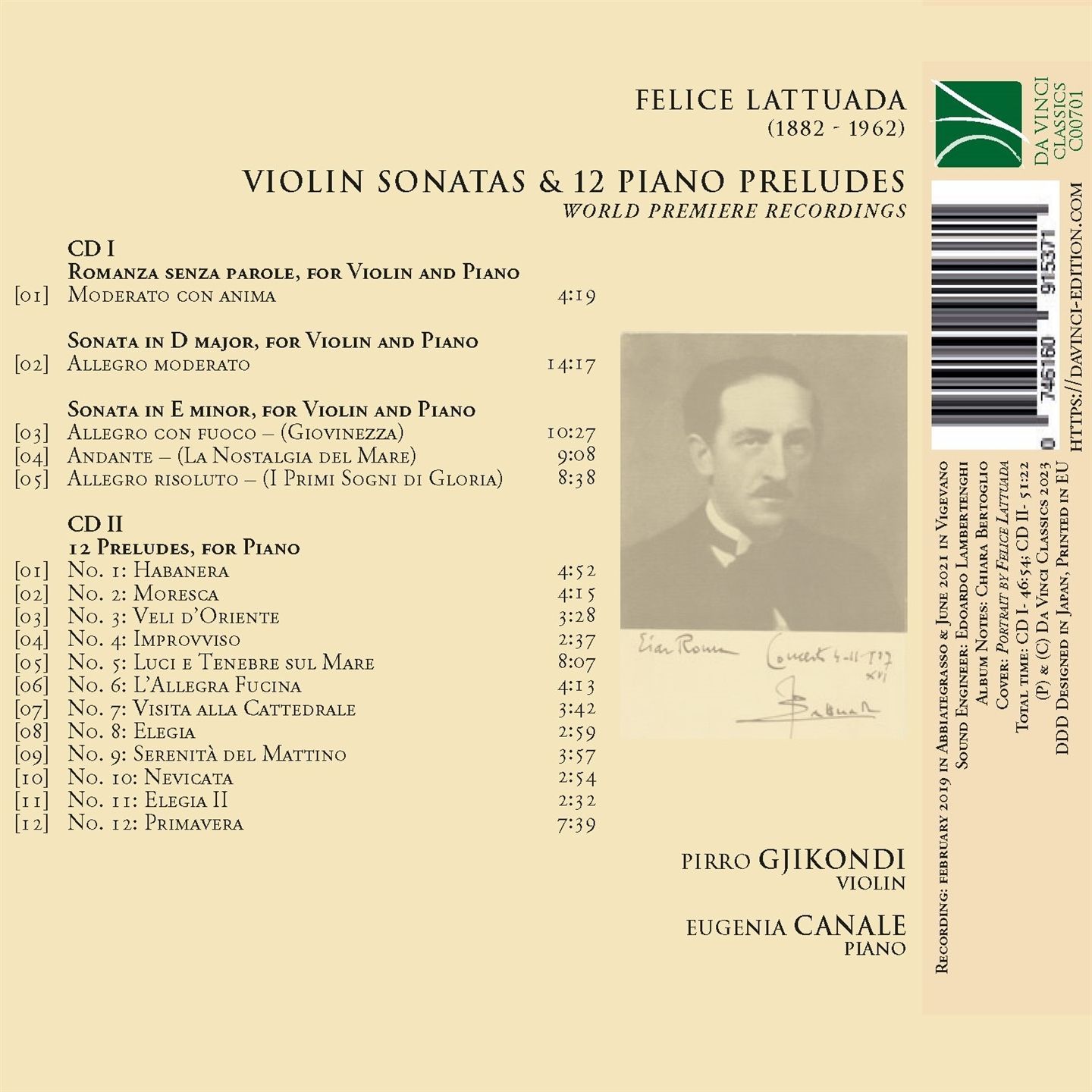 Felice Lattuada: Violin Sonatas, 12 Piano Preludes - Pirro Gjikondi – Image 2