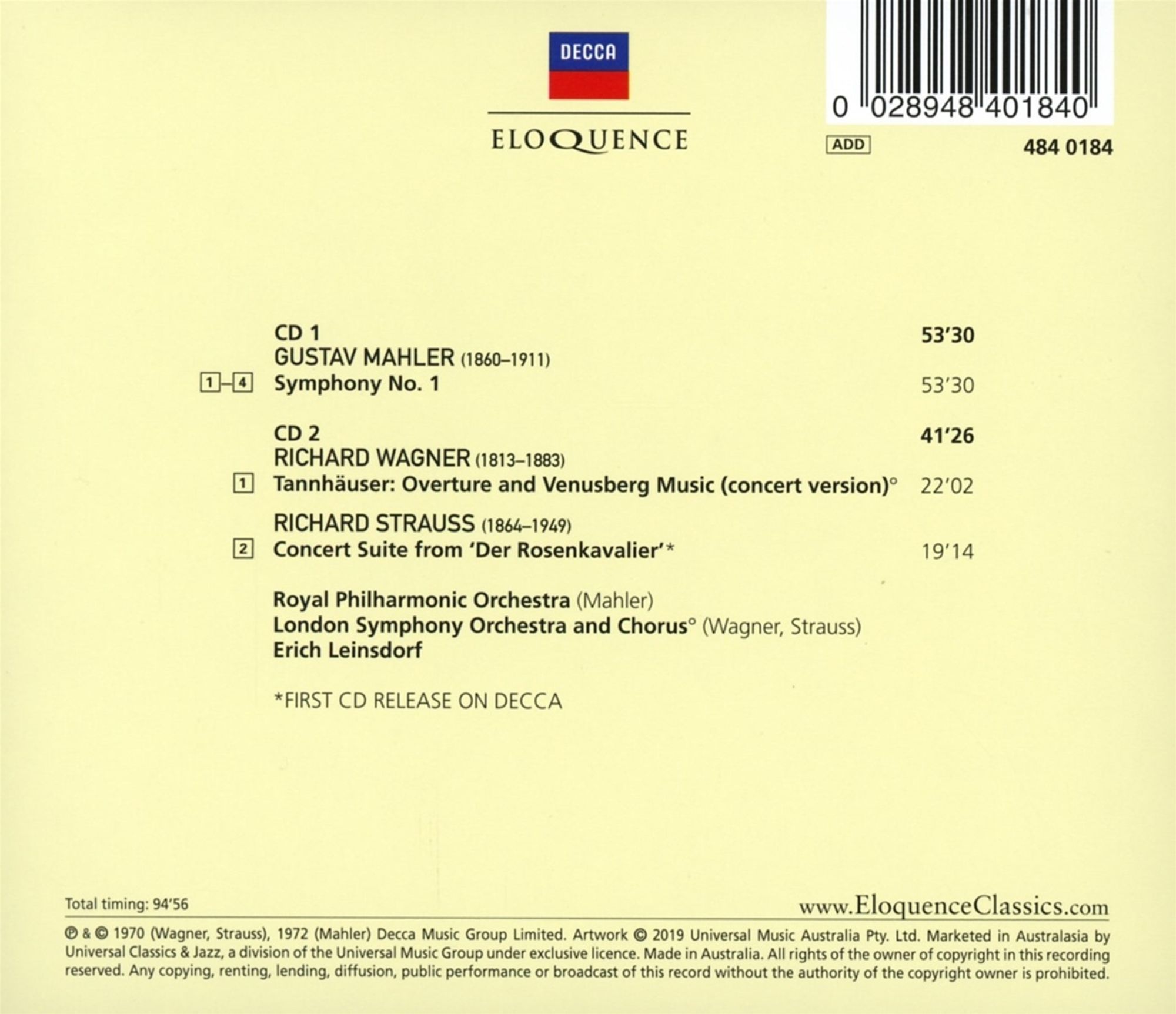 Mahler: Symphony No. 1 / Wagner & Strauss: Orchestral Works - Erich Leinsdorf – Image 2