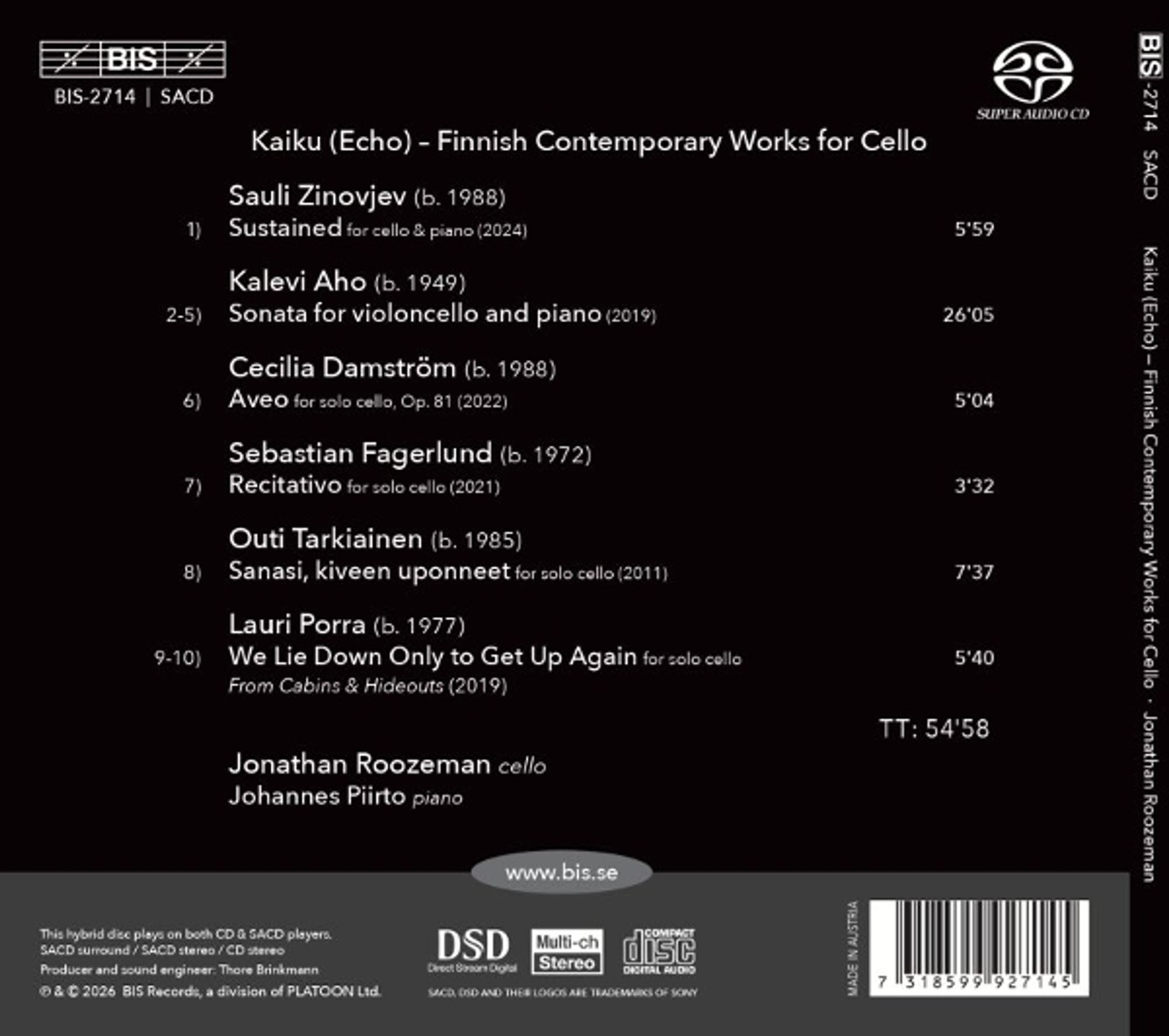 Kaiku (Echo): Finnish Contemporary Works For Cello - Jonathan Roozeman - Image 2