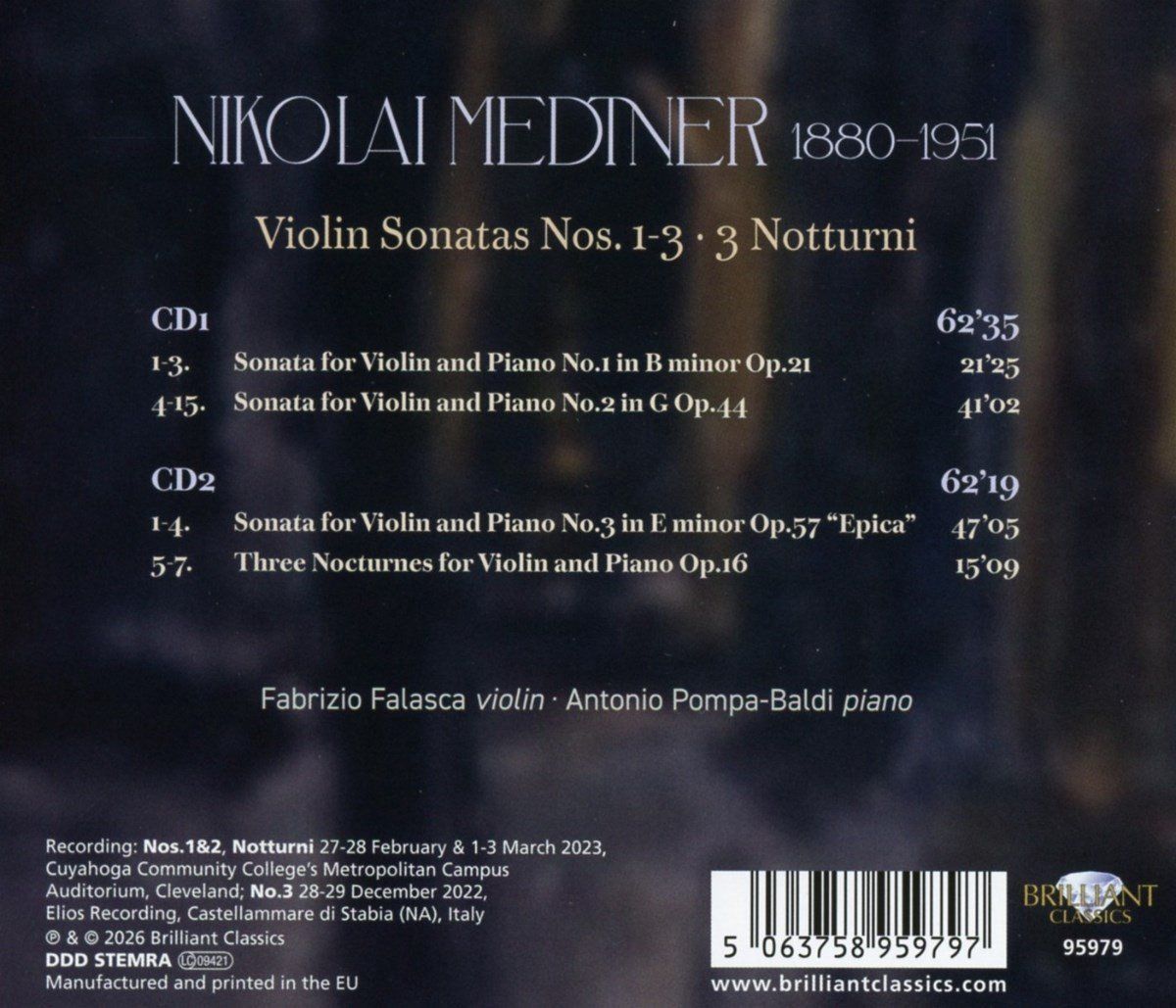 Medtner: Violin Sonatas Nos 1-3, 3 Notturni - Fabrizio Falasca - Afbeelding 2