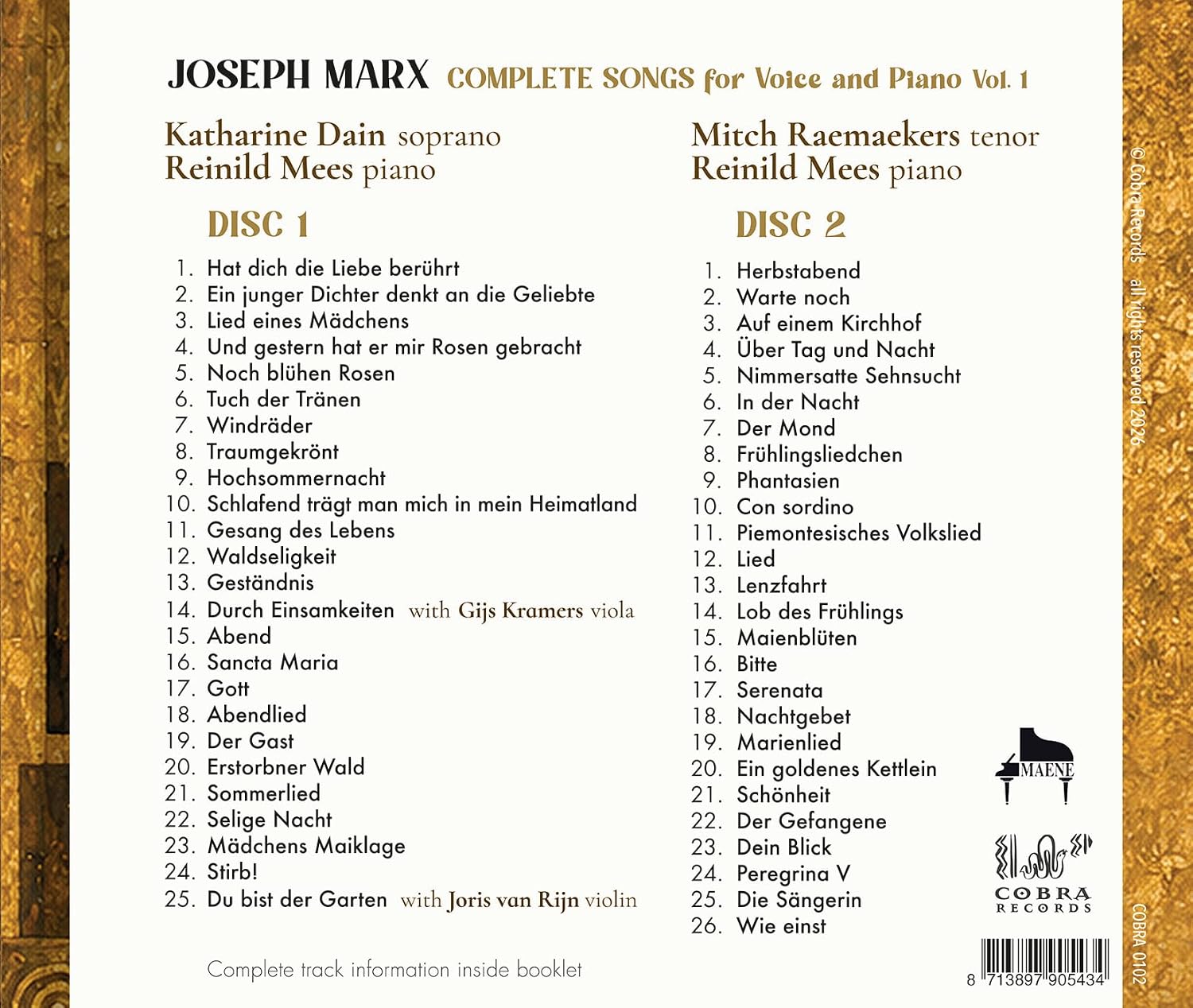 Joseph Marx: Complete Songs For Voice And Piano Vol. 1 - Katharine Dain & Mitch Raemaekers – Image 2